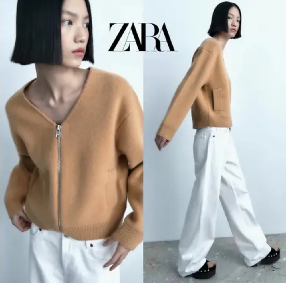 Zara wool camel color zip stylish jacket Medium